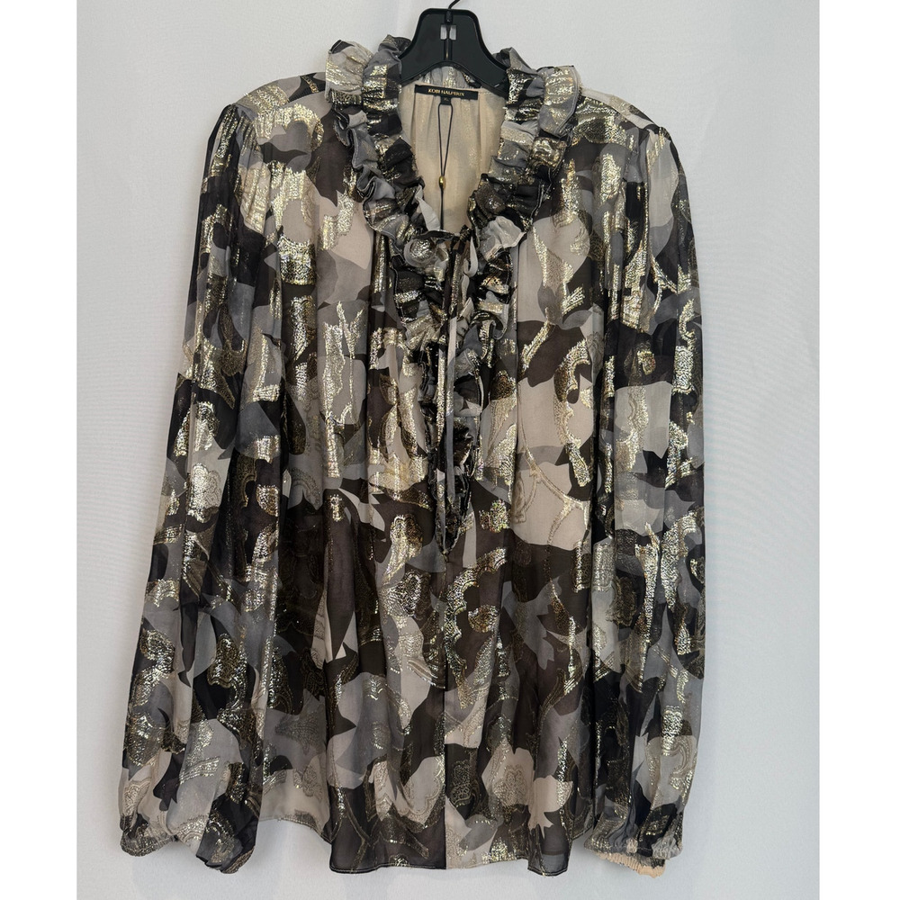 Kobi Halperin Boden Camo Metallic Silk Blouse Size XL Quiet Luxury Statement